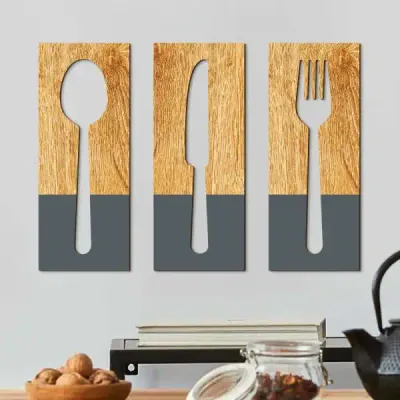 Wooden Kitchen Wall Art Cutlery Set – Spoon, Knife & Fork Wall Hanging Decoration - 2