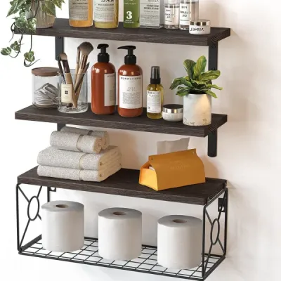 Wall Mounted Wooden Floating Shelves with Storage Basket and L-Shaped Metal Brackets - 2
