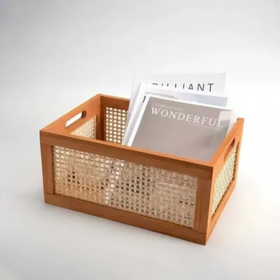 Japanese Style Wooden Cane Storage Crate | Retro Rectangular Organizer Box - 3