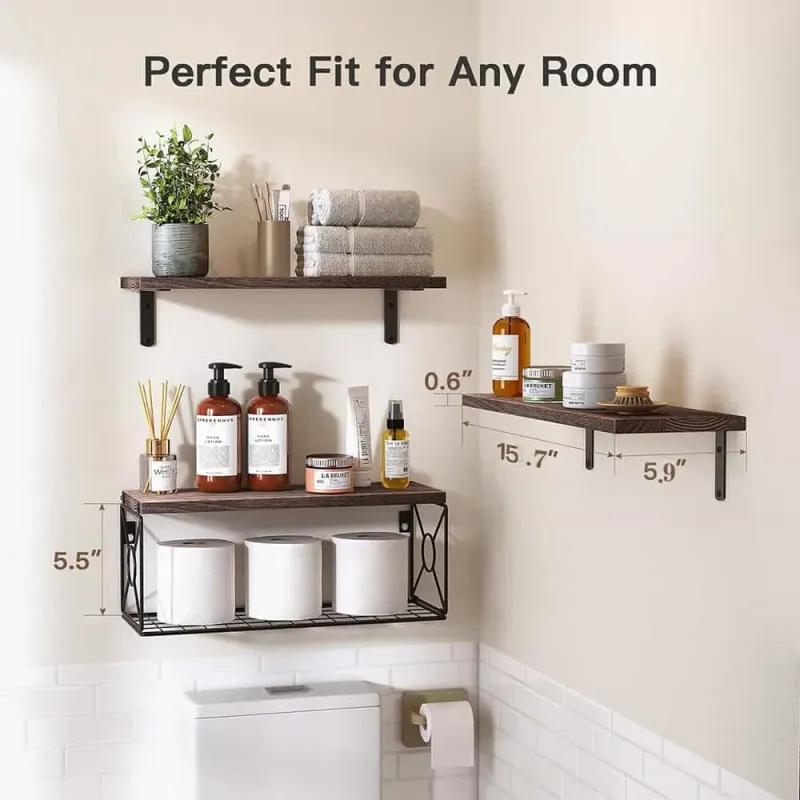 Wall Mounted Wooden Floating Shelves with Storage Basket and L-Shaped Metal Brackets - Image 6