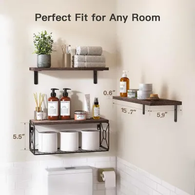 Wall Mounted Wooden Floating Shelves with Storage Basket and L-Shaped Metal Brackets - 6