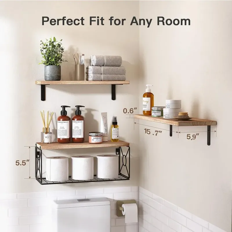 Wall Mounted Wooden Floating Shelves with Storage Basket and L-Shaped Metal Brackets - Image 3