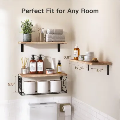 Wall Mounted Wooden Floating Shelves with Storage Basket and L-Shaped Metal Brackets - 3