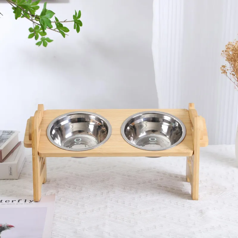 Bamboo Wooden Elevated Pet Feeder for Cats and Dogs – Anti-Spill Single/Double Bowl Stand - Image 1
