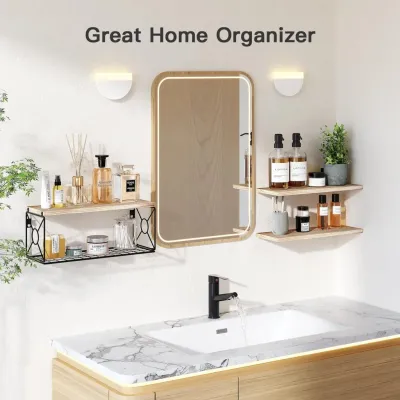 Wall Mounted Wooden Floating Shelves with Storage Basket and L-Shaped Metal Brackets - 7