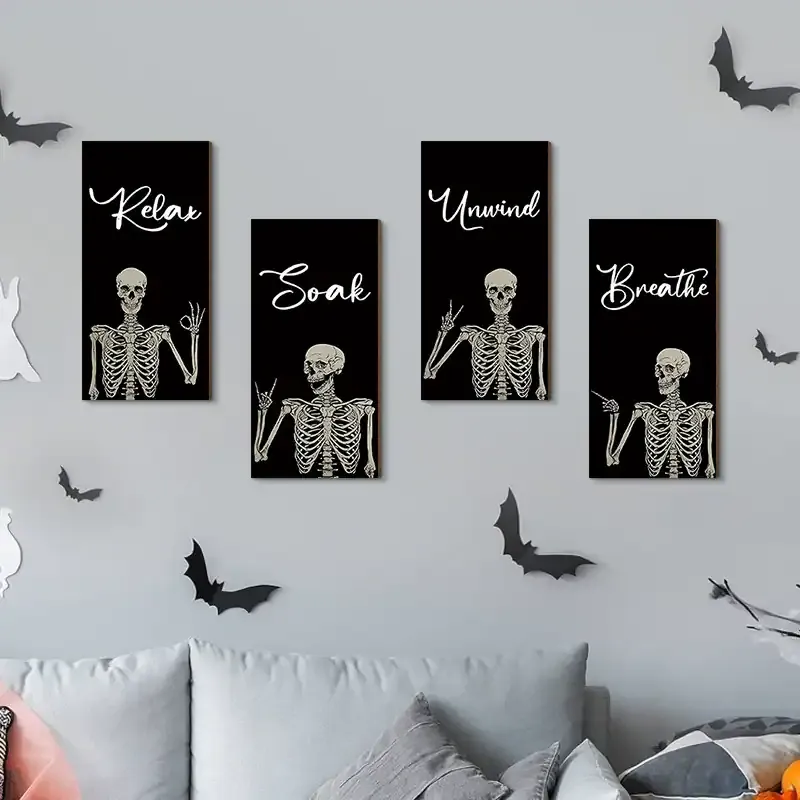 Halloween Skeleton Wall Decor Set of 4 Wooden Hanging Signs - Image 1