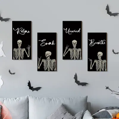 Halloween Skeleton Wall Decor Set of 4 Wooden Hanging Signs - 1
