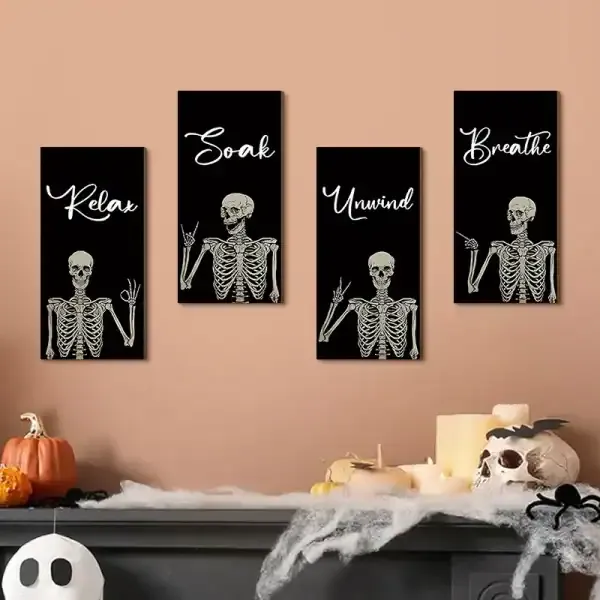 Halloween Skeleton Wall Decor Set of 4 Wooden Hanging Signs - Image 3