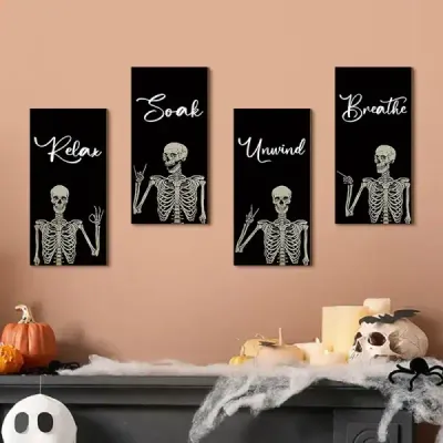 Halloween Skeleton Wall Decor Set of 4 Wooden Hanging Signs - 3