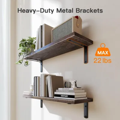 Wall Mounted Wooden Floating Shelves with Storage Basket and L-Shaped Metal Brackets - 4