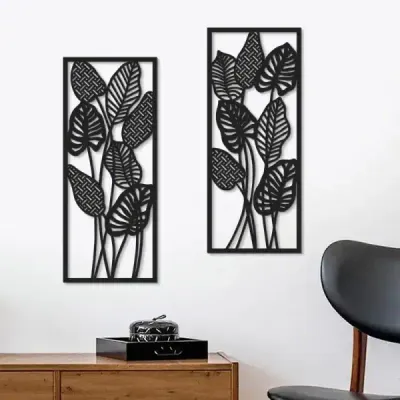 Wooden Leaf Hollow Wall Art Black Minimalist Wall Hanging for Living Room and Bedroom - 2