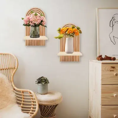 Bohemian Wooden Wall Shelf for Living Room Decor – Handmade Wall-Mounted Storage Rack - 4