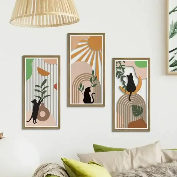 Bohemian 3-Piece Abstract Hollow Wooden Hanging Rainbow and Plant Wall Art Set - Image 2