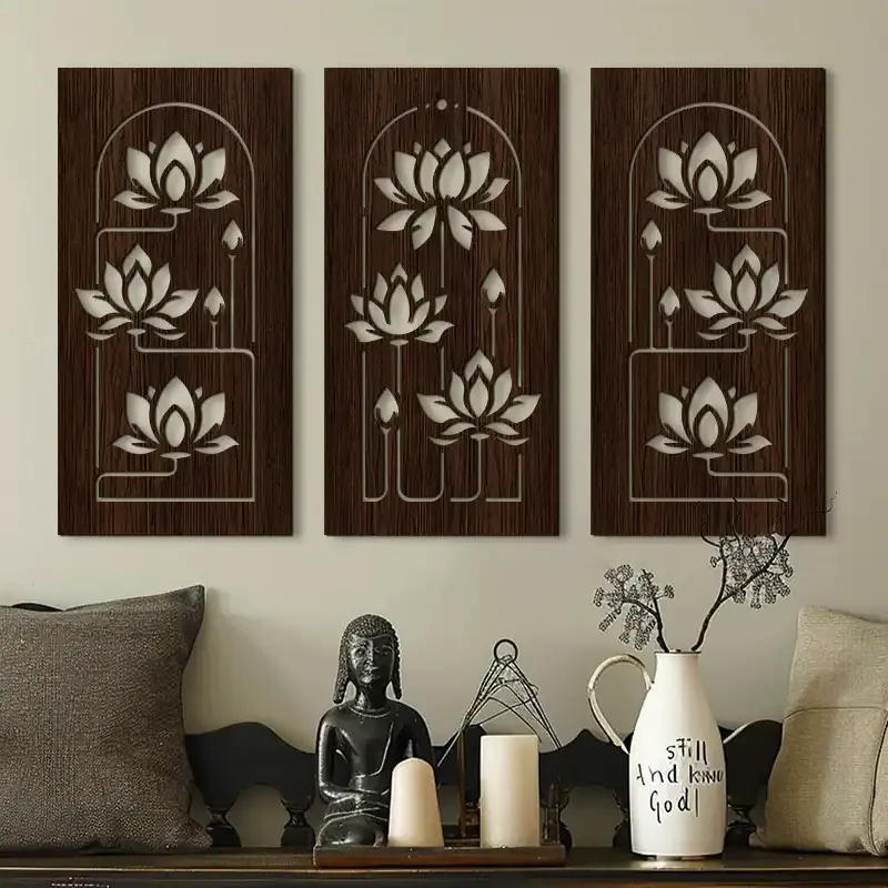 Lotus Hollow Wooden Wall Art Hanging Decor – Modern Asian Floral Home Decoration - Image 1