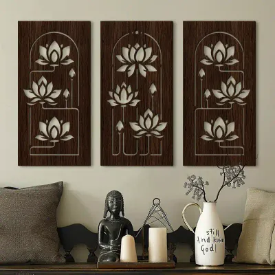 Lotus Hollow Wooden Wall Art Hanging Decor – Modern Asian Floral Home Decoration - 1