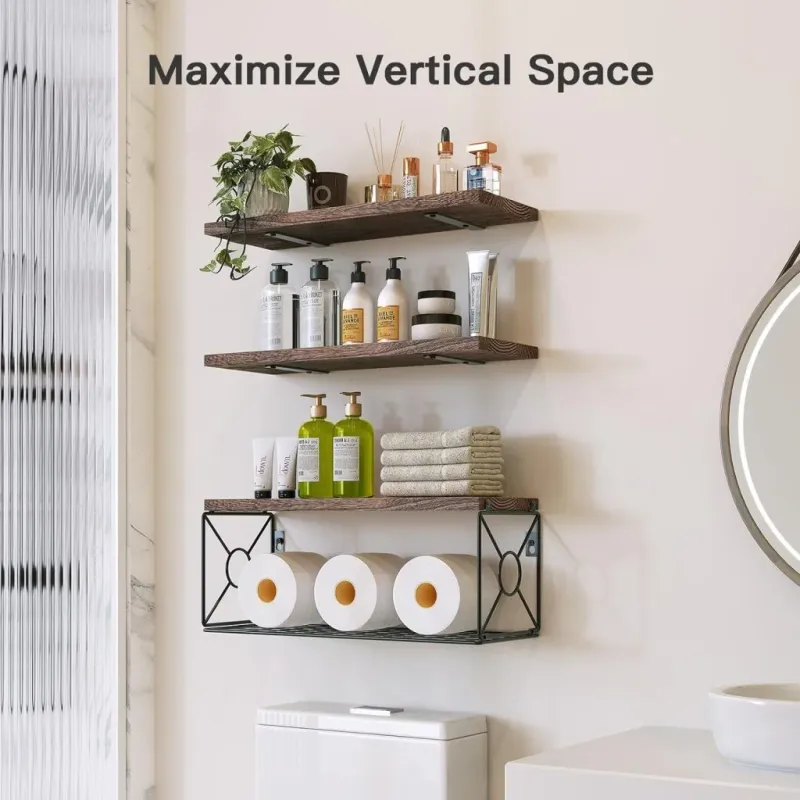 Wall Mounted Wooden Floating Shelves with Storage Basket and L-Shaped Metal Brackets - Image 5