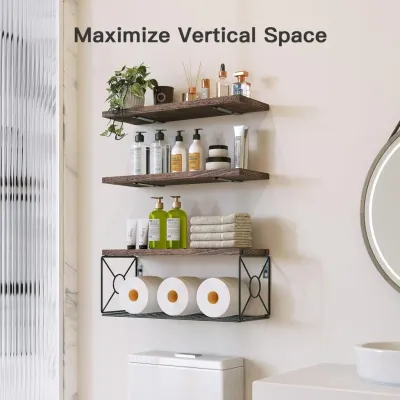 Wall Mounted Wooden Floating Shelves with Storage Basket and L-Shaped Metal Brackets - 5