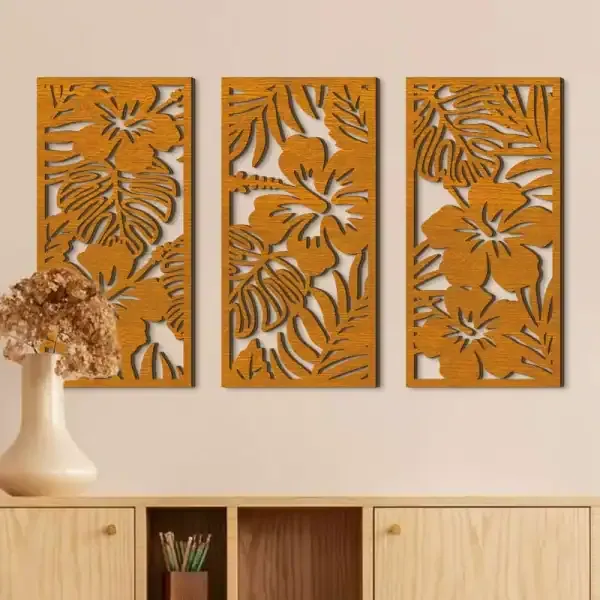 Modern Minimalist Wooden Hollow Plant Wall Art Set of 3 for Living Room Decoration - Image 3