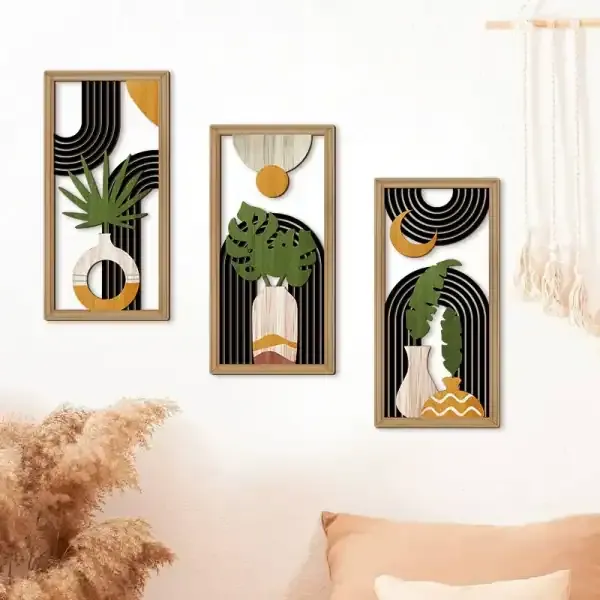 Rustic Wooden Boho Wall Art Set of 3 Geometric Cutout Decorations for Living Room - Image 2