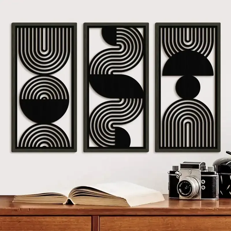 Modern Minimalist Black Line Wooden Wall Art Set for Living Room Decoration - Image 1