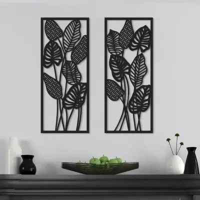 Wooden Leaf Hollow Wall Art Black Minimalist Wall Hanging for Living Room and Bedroom - 3