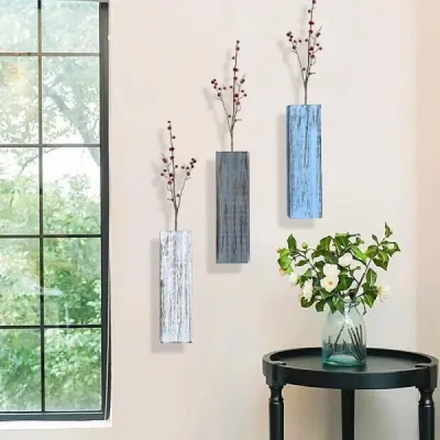 Colorful Distressed Wooden Wall Vase for Dry Flowers & Greenery – Rustic Wall Mounted Home Decor - 3