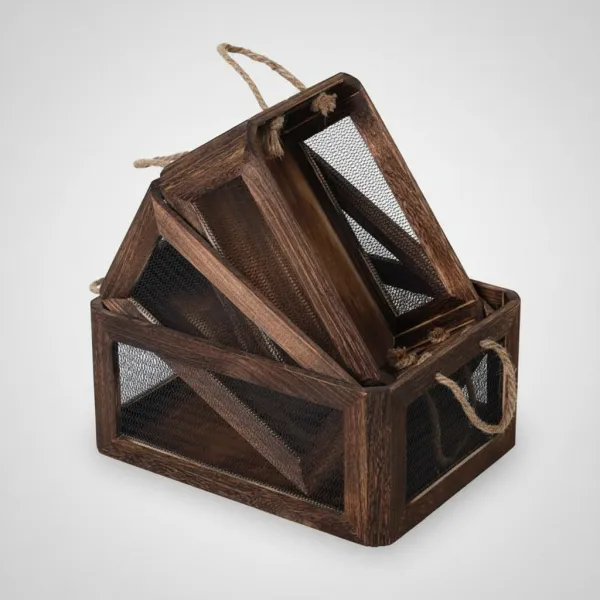 Rectangular Vintage Solid Wood & Metal Mesh Storage Crate | Rustic Iron Art Storage Box - Image 3