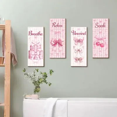 Bohemian Pink Bow Wooden Wall Art Set of 4 for Bedroom and Bathroom Decoration - 2