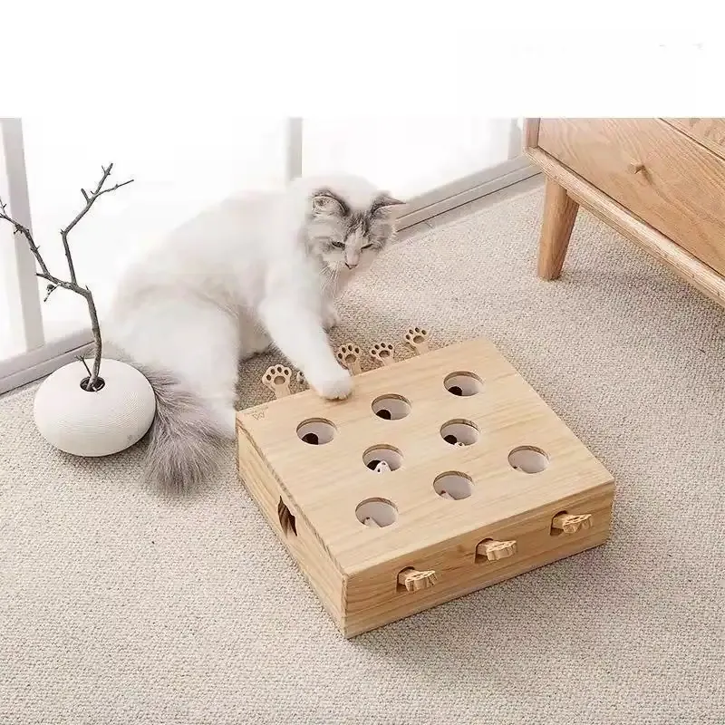 Wooden Cat Whack-A-Mole Toy – Interactive Puzzle for Feline Boredom Relief - Image 1