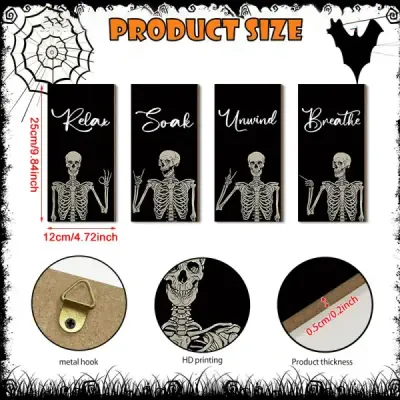 Halloween Skeleton Wall Decor Set of 4 Wooden Hanging Signs - 4
