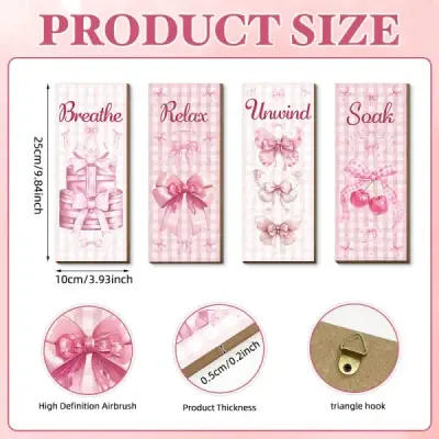 Bohemian Pink Bow Wooden Wall Art Set of 4 for Bedroom and Bathroom Decoration - 4