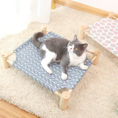 Summer Wooden Cat Cot Bed with Washable Linen Pad – Elevated, Stable, and Breathable Pet Rest
