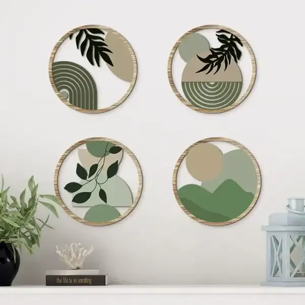 4 Piece Set Bohemian Farmhouse Wooden Wall Art Decor with Hollow Pattern Round Design - Image 2
