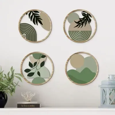 4 Piece Set Bohemian Farmhouse Wooden Wall Art Decor with Hollow Pattern Round Design - 2