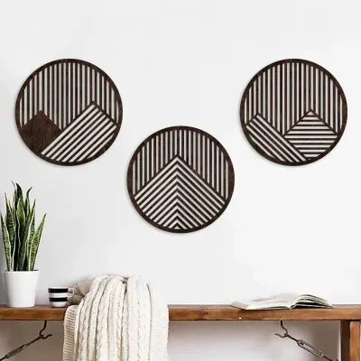 3-Piece Wood Grain Farmhouse Wall Art Set – Round Wooden Hollow Carved Pattern Wall Decor - 2