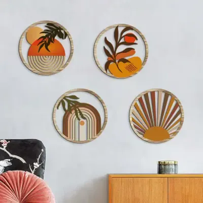 4-Piece Bohemian Farmhouse Wooden Wall Art Set with Hollow Floral Round Pattern - 2