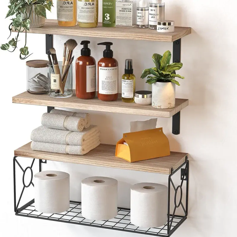 Wall Mounted Wooden Floating Shelves with Storage Basket and L-Shaped Metal Brackets - Image 1