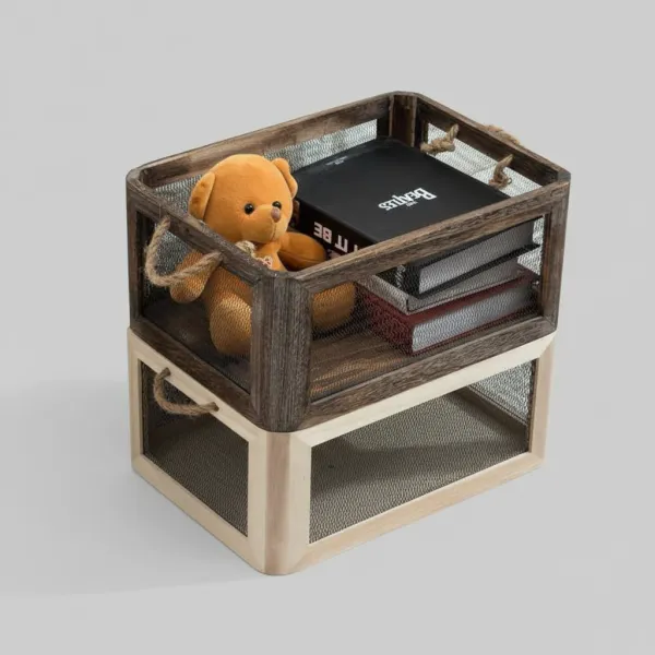 Rectangular Vintage Solid Wood & Metal Mesh Storage Crate | Rustic Iron Art Storage Box - Image 4