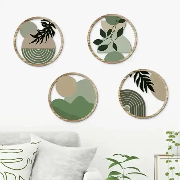 4 Piece Set Bohemian Farmhouse Wooden Wall Art Decor with Hollow Pattern Round Design - Image 3
