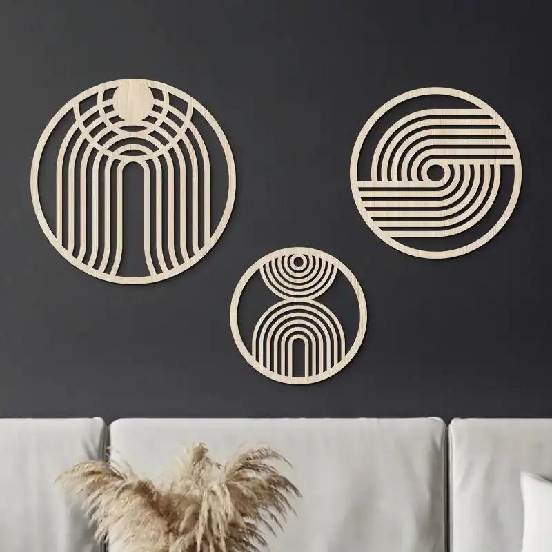 Rustic Wooden Wall Hanging Set of 3 – Round Hollow American Country Style Wall Decor - Image 1