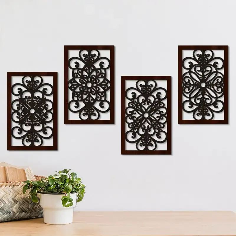 Modern Minimalist Hollow Wood Leaf Wall Art Set of 4 – Carved Wooden Hanging Decor Panels - Image 1