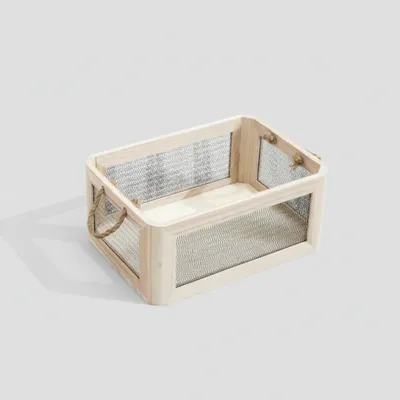 Rectangular Vintage Solid Wood & Metal Mesh Storage Crate | Rustic Iron Art Storage Box - 5