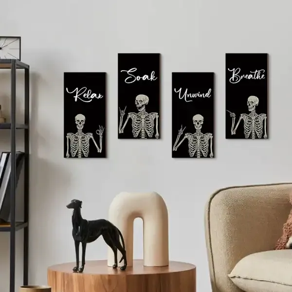 Halloween Skeleton Wall Decor Set of 4 Wooden Hanging Signs - Image 2