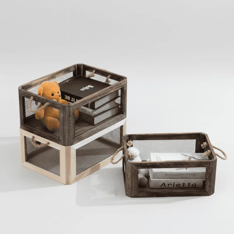 Rectangular Vintage Solid Wood & Metal Mesh Storage Crate | Rustic Iron Art Storage Box - Image 1