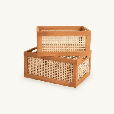Japanese Style Wooden Cane Storage Crate | Retro Rectangular Organizer Box