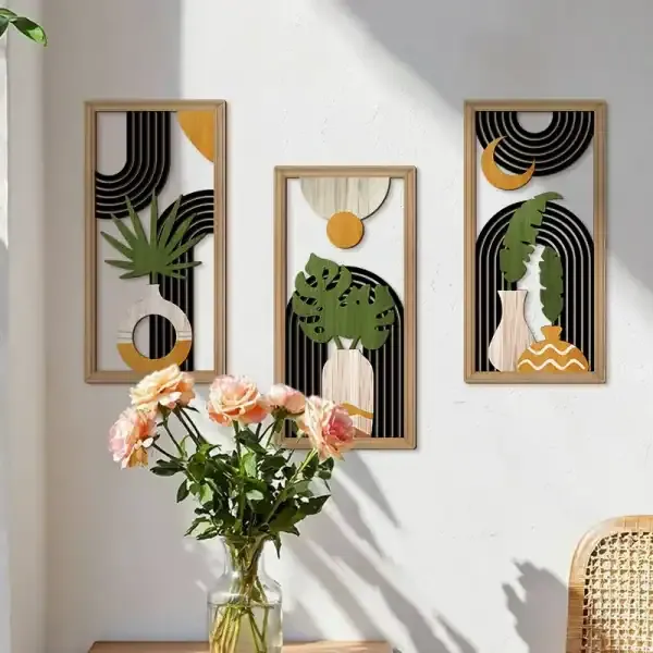 Rustic Wooden Boho Wall Art Set of 3 Geometric Cutout Decorations for Living Room - Image 3