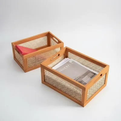 Japanese Style Wooden Cane Storage Crate | Retro Rectangular Organizer Box - 2