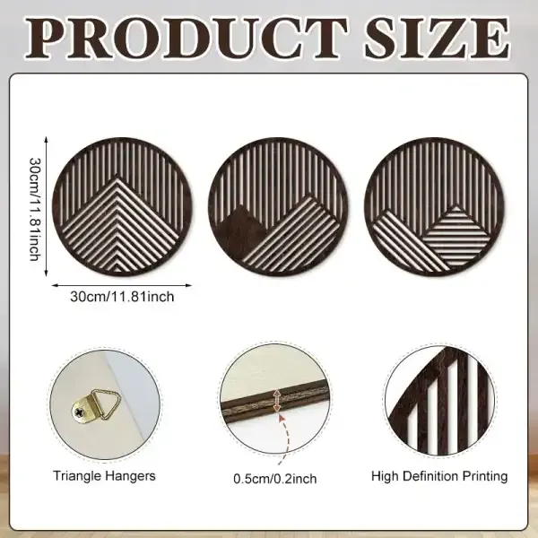 3-Piece Wood Grain Farmhouse Wall Art Set – Round Wooden Hollow Carved Pattern Wall Decor - Image 3