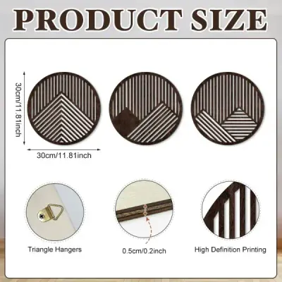 3-Piece Wood Grain Farmhouse Wall Art Set – Round Wooden Hollow Carved Pattern Wall Decor - 3
