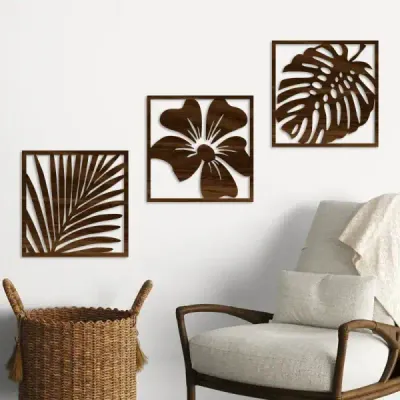 Modern Minimalist Hollow Wood Wall Art with Leaf and Floral Design for Bedroom and Living Room Decor - 3